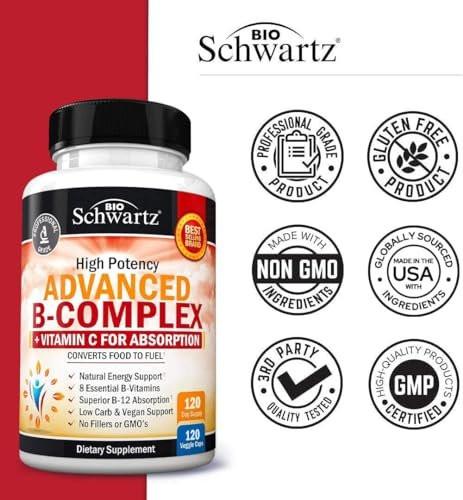 Vitamin B Complex with Vitamin C for Maximum Absorption - Methylcobalamin B12 & Folate Folic Acid Supplement - B1 B2 B3 B5 B6 B7 B9 for Immune, Energy & Nervous System Support - Non-GMO, 120 Count - görsel 5
