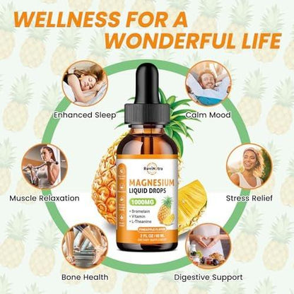 Magnesium Glycinate Liquid Drops, 1000mg of Liquid Magnesium Complex Supplement for Sleep, Nerve, Energy, Muscle, Bone, Calm & Digestion, High Absorption, 2 Fl Oz, Sugar-Free Pineapple Flavor
