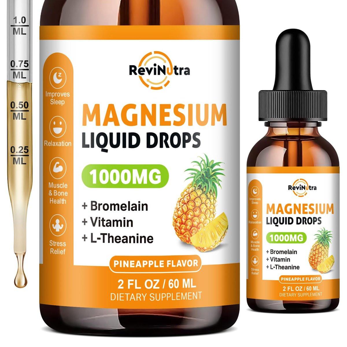 Magnesium Glycinate Liquid Drops, 1000mg of Liquid Magnesium Complex Supplement for Sleep, Nerve, Energy, Muscle, Bone, Calm & Digestion, High Absorption, 2 Fl Oz, Sugar-Free Pineapple Flavor - görsel 1