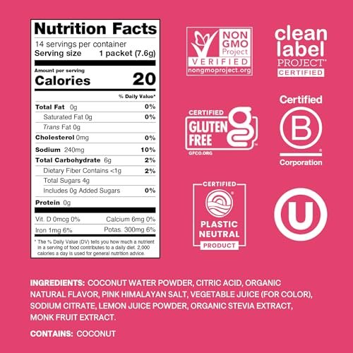 Cure Hydration | Plant-Based Electrolyte Drink Mix | No Added Sugar | FSA-HSA | Dehydration Relief Powder Made with Coconut Water | Non-GMO | Vegan | Pouch of 14 Packets - Tropical Punch - görsel 2