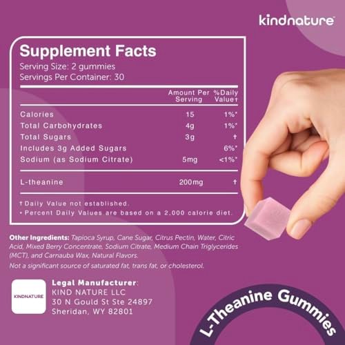 Kindnature L-Theanine 200mg Gummies for Kids 4+ & Adults – Pure Single-Ingredient Calm & Focus Chewables – Clinical Dose, Non-Drowsy Relaxation – Vegan, Mixed Berry, Non-GMO – 60 Ct - görsel 7