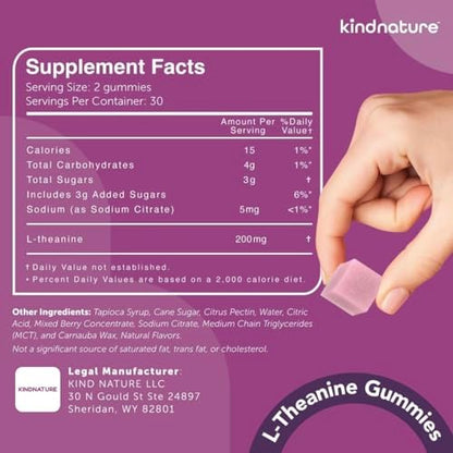 Kindnature L-Theanine 200mg Gummies for Kids 4+ & Adults – Pure Single-Ingredient Calm & Focus Chewables – Clinical Dose, Non-Drowsy Relaxation – Vegan, Mixed Berry, Non-GMO – 60 Ct