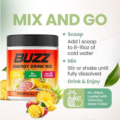 Morning Buzz Energy Drink Powder - Sugar Free Energy Drink Mix - Pre Workout Drink Mix with 18 Vitamins & Minerals, No Jitters, No Crash - Gluten Free, No Artificial Dye, Original Tropical Fusion Flavor