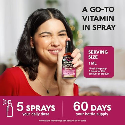 USDA Organic Vitamin B-Complex Liquid Spray 8-in-1 - B5 Pantothenic Acid | B12 Methylcobalamin | B1 Thiamine | B6 Pyridoxine | B7 Biotin | B9 Folic | B3 Niacinamide - Berry Mix Flavor - 2fl oz