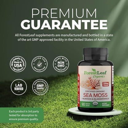 ForestLeaf Organic Irish Sea Moss Capsules | 2100mg Raw Seamoss Pills Advanced Supplement Superfood + Burdock, Bladderwrack for Digestive, Respiratory, Immune Health | 90 Vegan Organic Sea Moss Caps