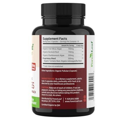 ForestLeaf Organic Irish Sea Moss Capsules | 2100mg Raw Seamoss Pills Advanced Supplement Superfood + Burdock, Bladderwrack for Digestive, Respiratory, Immune Health | 90 Vegan Organic Sea Moss Caps
