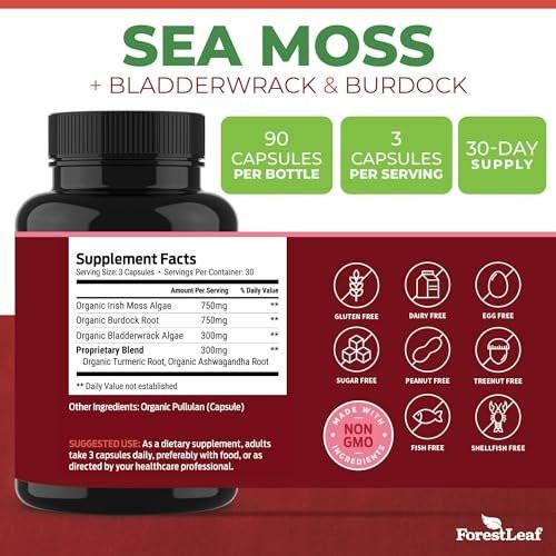 ForestLeaf Organic Irish Sea Moss Capsules | 2100mg Raw Seamoss Pills Advanced Supplement Superfood + Burdock, Bladderwrack for Digestive, Respiratory, Immune Health | 90 Vegan Organic Sea Moss Caps - görsel 6
