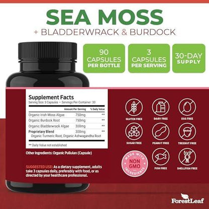 ForestLeaf Organic Irish Sea Moss Capsules | 2100mg Raw Seamoss Pills Advanced Supplement Superfood + Burdock, Bladderwrack for Digestive, Respiratory, Immune Health | 90 Vegan Organic Sea Moss Caps