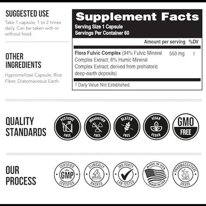 Flora Fulvic | Fulvic Acid + Humic Acid Complex – 550 mg | Mined in Utah, Prehistoric Deep Earth Extract | Immunity, Gut, Digestion – Natural Trace Mineral Complex, Fulvic Acid Supplement – 60 Capsules