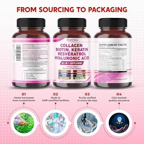 PEAKPURY Collagen Biotin Resveratrol Saw Palmetto - Skin, Joint Health Support (150 Count) - görsel 17