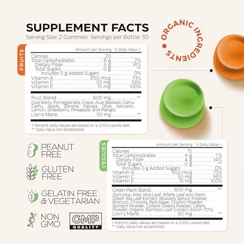 Super Greens + Super Fruits Gummies (Fruits/Greens Powder in Gummies Form) - 600mg Greens Blend + 600mg Fruits Blend for Immune Support, Sugar Free, Vegetarian, Non-GMO, 2-Pack (120 Gummies) - görsel 6