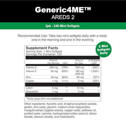 GENERIC4ME AREDS 2 SoftGels, 500 mg Vitamin C, 400 IU Vitamin E, 10 mg Lutein, 2 mg Zeaxanthin, 80 mg Zinc, 2 mg Copper - Supports Eye Health - Easy to Swallow 120 Mini SoftGels (Two Month Supply)