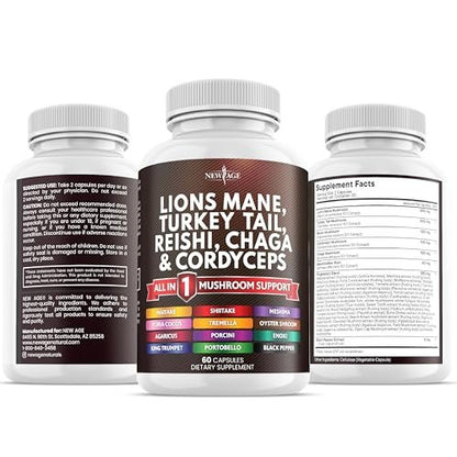 NEW AGE Lions Mane Mushroom Supplement with Turkey Tail Reishi Cordyceps Chaga with Marshmallow Root