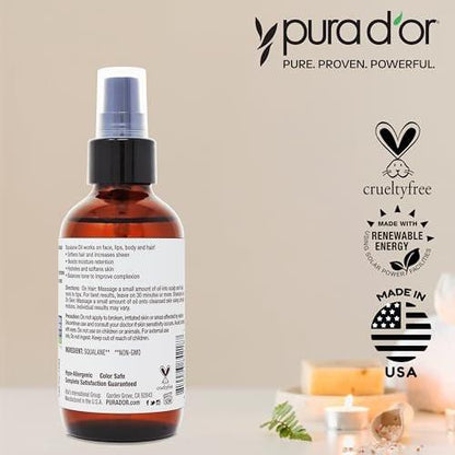 PURA D'OR 3.38 Oz Squalane Oil - Non-GMO 100% Pure & Natural - Moisturizer For Face, Hair And Body - Vegan, Cruelty-Free with Anti-Aging Benefits - Men & Women - Travel Size