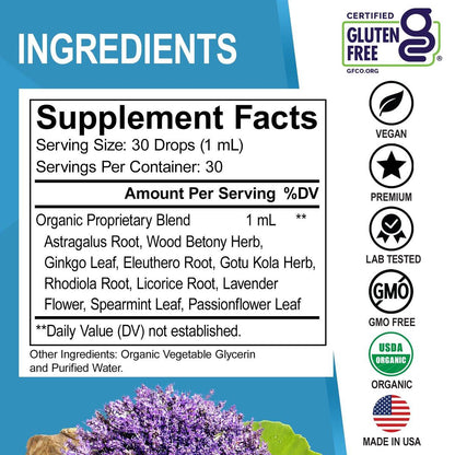 Adrenal Support Supplements Liquid Drops - Organic Adrenal and Focus Supplement, Cortisol Manager Adaptogen Adults, Ginkgo Biloba for Kids Calm - Natural Brain and Memory Fatigue Stress Attention 1oz