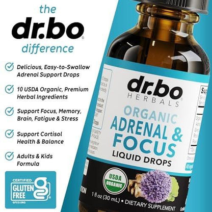 Adrenal Support Supplements Liquid Drops - Organic Adrenal and Focus Supplement, Cortisol Manager Adaptogen Adults, Ginkgo Biloba for Kids Calm - Natural Brain and Memory Fatigue Stress Attention 1oz
