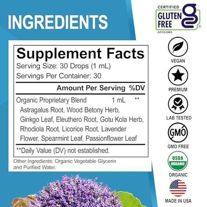 Adrenal Support Supplements Liquid Drops - Organic Adrenal and Focus Supplement, Cortisol Manager Adaptogen Adults, Ginkgo Biloba for Kids Calm - Natural Brain and Memory Fatigue Stress Attention 1oz