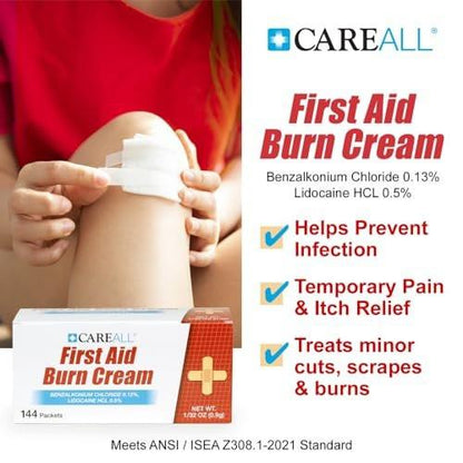 CareAll First Aid Burn Cream 0.9g Packets (Pack of 144) Pain Relieving First Aid Cream for Temporary Relief of Pain from Minor Burns, Cuts, and Scrapes with Benzalkonium Chloride and Lidocaine HCI