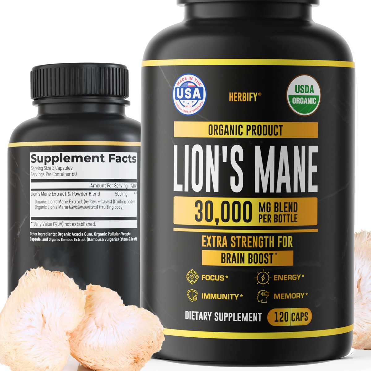 HERBIFY Lions Mane Supplement - Daily Mushroom Supplement for Memory, Focus & Clarity - Brain Booster - Lions Mane Capsules for Natural Immune Support - Vegan, Organic - 120 Capsules - görsel 4