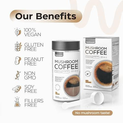 Wellneum Mushroom Coffee - French Roast Style Instant Coffee + Lion’s Mane 900mg for Focus + Reishi, Chaga & Turkey Tail - 10-in-1 Mushrooms Fruiting Body Adaptogen Blend, Sugar Free, 35 Servings