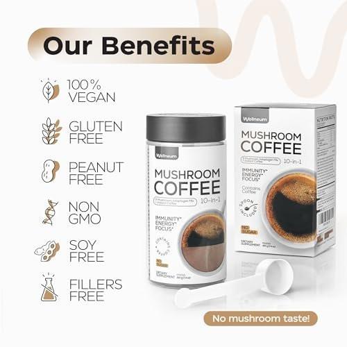 Wellneum Mushroom Coffee - French Roast Style Instant Coffee + Lion’s Mane 900mg for Focus + Reishi, Chaga & Turkey Tail - 10-in-1 Mushrooms Fruiting Body Adaptogen Blend, Sugar Free, 35 Servings - görsel 8