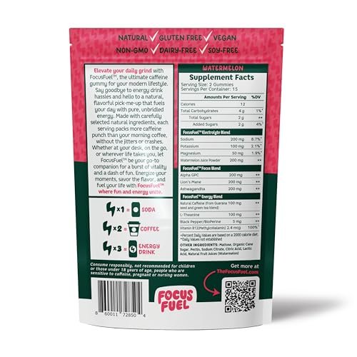 FocusFuel Energy Chews – Watermelon Flavor (15 Servings) – 100mg Caffeine + L-Theanine + B12, Magnesium – All-Natural Energy Boost – No Crash or Jitters - görsel 1