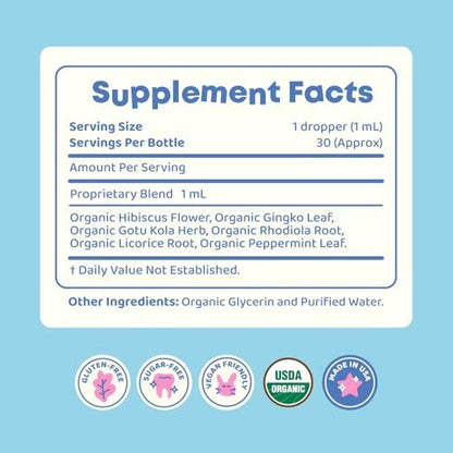 JoySpring Genius Drops Smartberry Vanilla | Herbal Focus Support for Kids with Ginkgo Biloba, Licorice Root, Gotu Kola Extract, Peppermint Leaf | Liquid Formula | 1 fl oz (30 Servings)