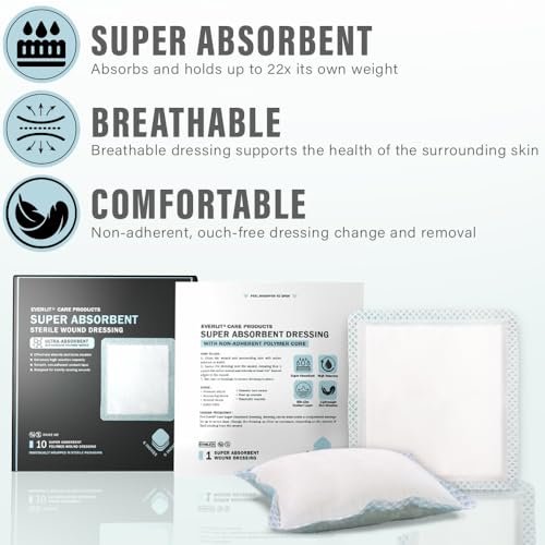 EVERLIT Super Absorbent Dressing for Wound Care | Nonstick Soft Surgical Gauze Pad for Heavily Exuding Wounds | Large Sterile Non-Adhesive Bandage for Fast Healing Wound Care | Pack of 10 (6" x 6") - görsel 11
