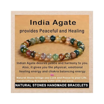 AD Beads Handmade Gemstone Stretch Elastic Bracelet Crystal Healing Reiki Nature's Beauty and Spiritual Essence Unisex (6mm, Indian Agate)
