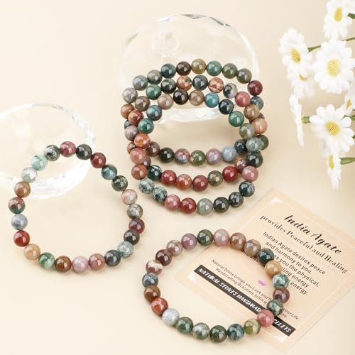 AD Beads Handmade Gemstone Stretch Elastic Bracelet Crystal Healing Reiki Nature's Beauty and Spiritual Essence Unisex (8mm, Indian Agate) - görsel 2