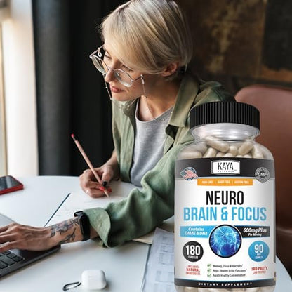 Kaya Naturals Neuro Brain for Memory & Focus - Nootropic Energy Capsule - Brain Support Supplement - Focus & Concentration & Learning Accuracy - Cognitive Function - 180 Count