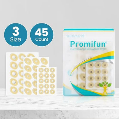 Promifun Corn Cushions for Toes and Feet - Callus Cushions to Protect Sore Spots with Foam Padding - Self-Stick Adhesive Pads - Relief Pain, Pressure and Friction from Shoes (Multi-Size, 45 Count)