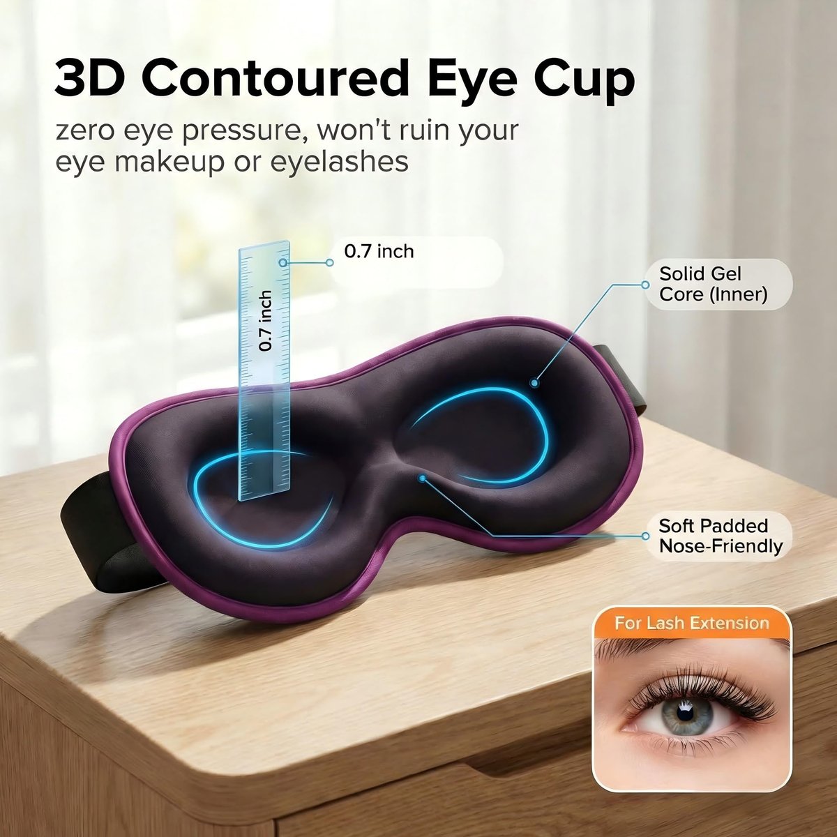 Weighted Cooling Sleep Mask, 6oz 3D Blackout Eye Mask for Sleeping, Contoured Gel Eye Mask, Adjustable Strap, Eyelash Friendly Sleep Mask for Relaxation, Anxiety Relief Items, Naps, Travel, Purple - görsel 2