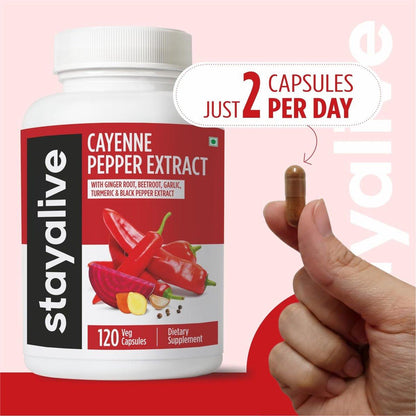 STAY ALIVE Cayenne Pepper Capsules, 6-in-1 Capsicum Blend w/Ginger, Garlic, Turmeric, Beet Root, and Black Pepper Extract, 120 Cayenne Capsules, Non-GMO & Gluten-Free Capsimax Capsaicin Supplement