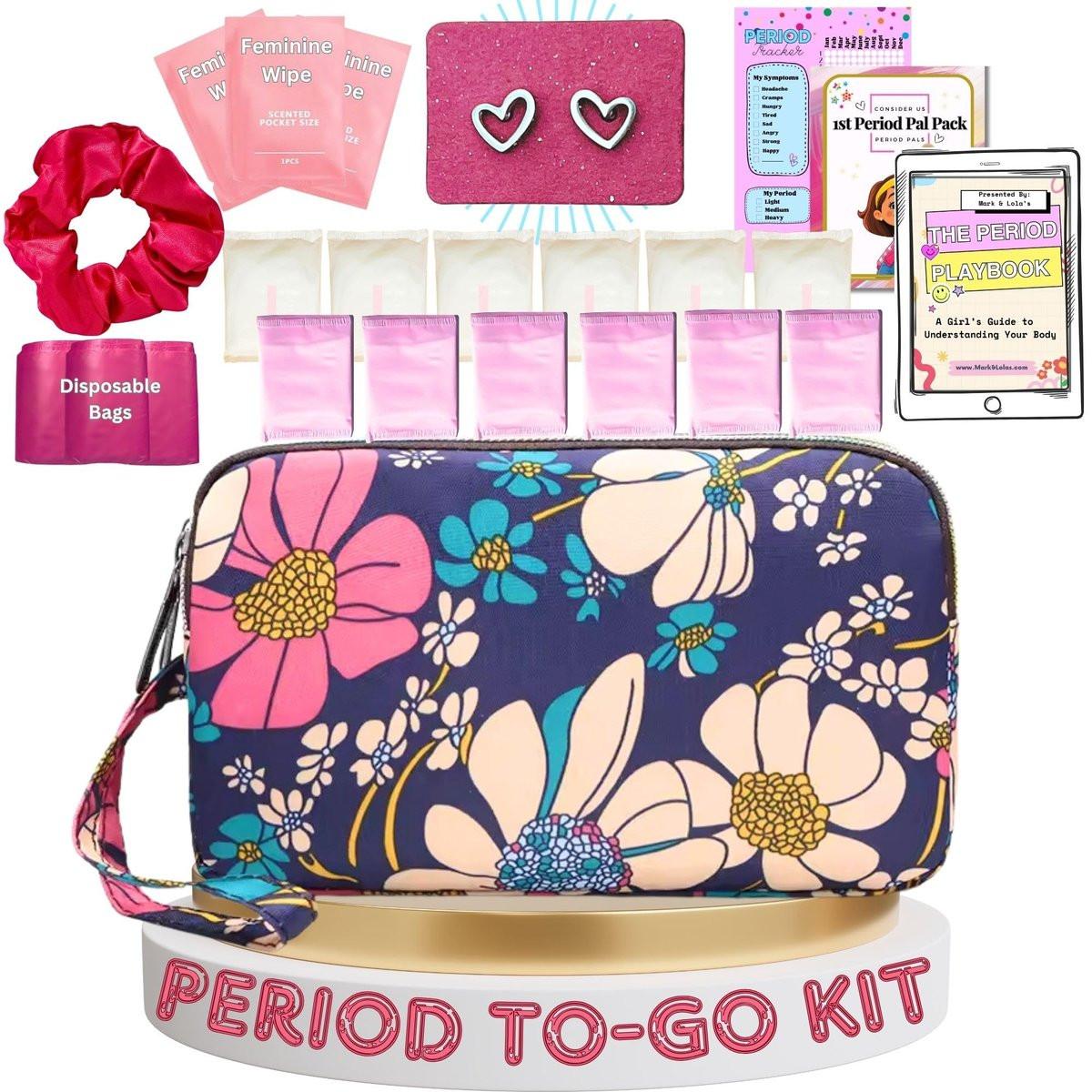 First Period Pal Pack to-Go Kit | 24 pcs | First Period Kit for Tweens | Teen Period Kit | Discrete Period Bag, Pads, Panty Liners, Period Kits for Tweens 10-12 (Flowers) - görsel 3