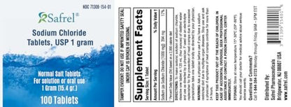 Safrel Sodium Chloride Tablets 1 gm, USP | Normal Salt Tablets | (15.4gr.) | Electrolytes Replenisher Hydration Drink (100 Count)