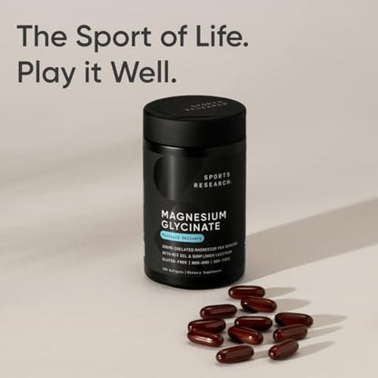 Sports Research® Magnesium Glycinate - Supports Restful Sleep & Enzymatic Processes - 160 mg Chelated Magnesium - Liquid Softgel - 120 Count