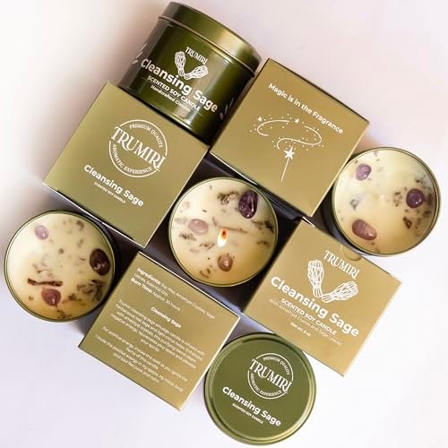 Sage Candle for Cleansing House Negative Energy Smudge Kit - 5oz Soy Wax Natural Clean Organic Non Toxic - Aromatherapy Spiritual Meditation Gifts - Long Lasting Highly Scented Candel with Crystals - görsel 2