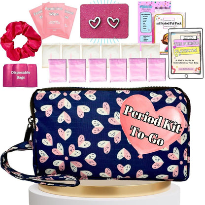 Mark and Lola's First Period Pal Pack to-Go Kit | 24 pcs | First Period Kit for Tweens | Teen Period Kit | Discrete Period Bag, Pads, Panty Liners, Period Kits for Tweens 10-12 (Hearts)