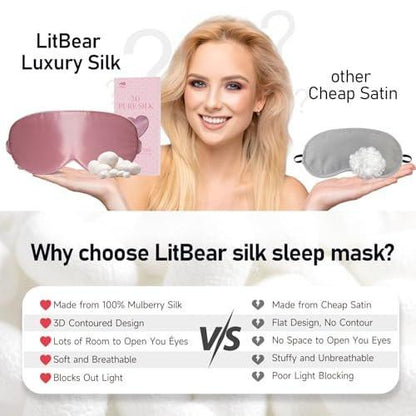 LitBear 100% 22 Momme Mulberry Silk Sleep Mask - 3D Contoured Eye Mask for Men Women, Soft Breathable Sleeping Mask with Adjustable Strap, Perfect Blocks Light for Sleeping (Bean Pink)