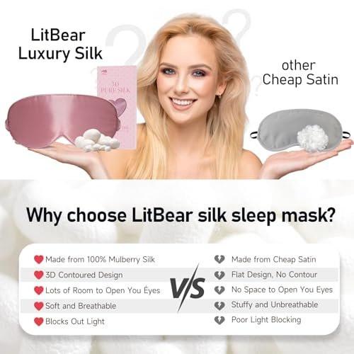LitBear 100% 22 Momme Mulberry Silk Sleep Mask - 3D Contoured Eye Mask for Men Women, Soft Breathable Sleeping Mask with Adjustable Strap, Perfect Blocks Light for Sleeping (Bean Pink) - görsel 2