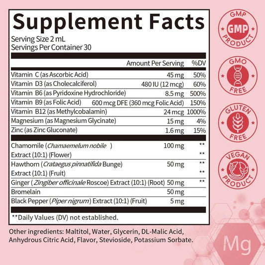 Magnesium Glycinate Liquid Drops with Chamomile, Hawthorn & Ginger for Stress Relief and Digestive Comfort, Fast Absorption, Non-GMO, Vegan Formula, Sugar Free, Strawberry Flavor, 2 Fl OZ