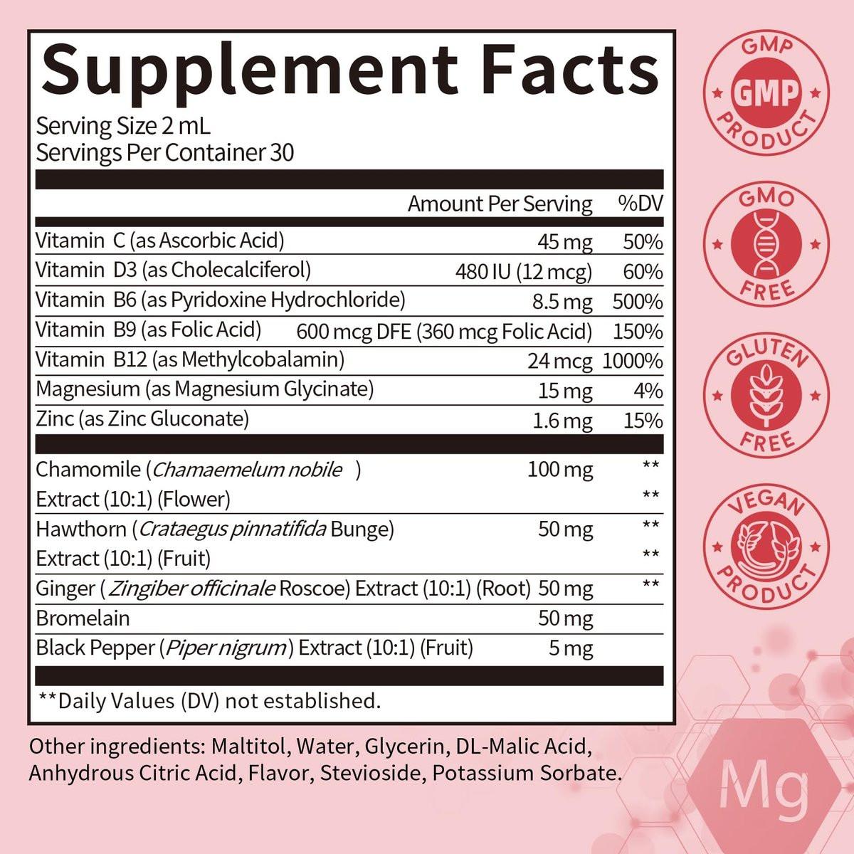 Magnesium Glycinate Liquid Drops with Chamomile, Hawthorn & Ginger for Stress Relief and Digestive Comfort, Fast Absorption, Non-GMO, Vegan Formula, Sugar Free, Strawberry Flavor, 2 Fl OZ - görsel 13