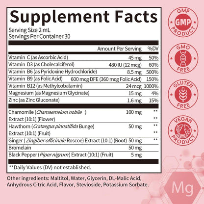 Magnesium Glycinate Liquid Drops with Chamomile, Hawthorn & Ginger for Stress Relief and Digestive Comfort, Fast Absorption, Non-GMO, Vegan Formula, Sugar Free, Strawberry Flavor, 2 Fl OZ