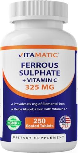 Vitamatic Ferrous Sulfate 325 mg with Vitamin C 100 mg (65 mg Elemental Iron) – High Potency Iron Supplement – No Artificial Colors – 250 Coated Tablets, Made in USA - görsel 5