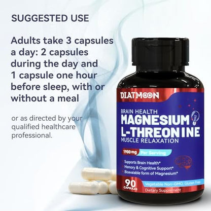 Magnesium L-Threonine, High Absorption Magnesium Supplement, 1900mg Magnesium Threonine, Gluten Free, 90 Vegan Capsules