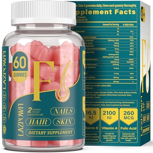 Lazpowfi Biotin Gummies - Hair Skin and Nails Vitamins for Men & Women, Vegan Vitamin B7, Supports Hair Growth and Stronger Nails, 30 Day Supply - Raspberry-60 Count - görsel 16