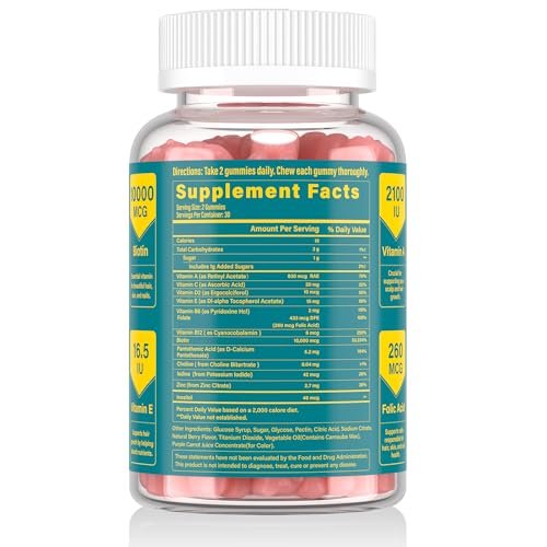 Lazpowfi Biotin Gummies - Hair Skin and Nails Vitamins for Men & Women, Vegan Vitamin B7, Supports Hair Growth and Stronger Nails, 30 Day Supply - Raspberry-60 Count - görsel 1