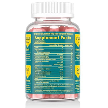 Lazpowfi Biotin Gummies - Hair Skin and Nails Vitamins for Men & Women, Vegan Vitamin B7, Supports Hair Growth and Stronger Nails, 30 Day Supply - Raspberry-60 Count