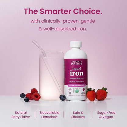 Organic Liquid Iron Supplement for Women, Men & Kids with Vitamin C | Sugar Free Natural Berry Flavor Non Constipating Vegan Ferrochel® Iron Supplements for Healthy Blood, Prenatal & Postnatal